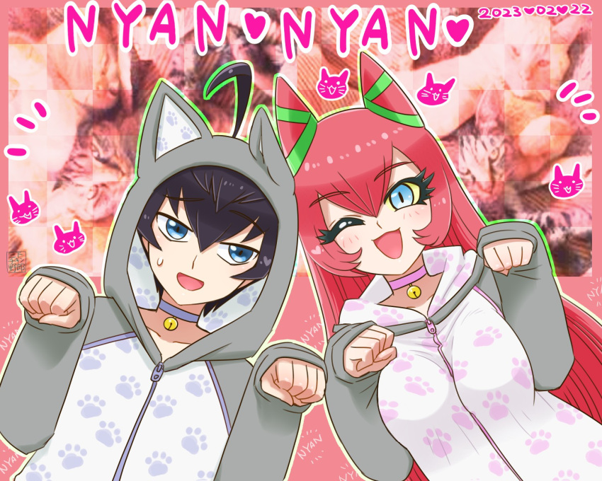 1boy 1girl animal_ears bell black_hair blue_eyes cat_day double_bun fake_animal_ears hair_bun highres long_hair neck_bell nyandestar_(yu-gi-oh!) one_eye_closed onesie open_mouth paw_pose paw_print photo_background red_hair smile sougetsu_manabu sweat yhx5f2kuond0ddi yu-gi-oh! yu-gi-oh!_go_rush!!