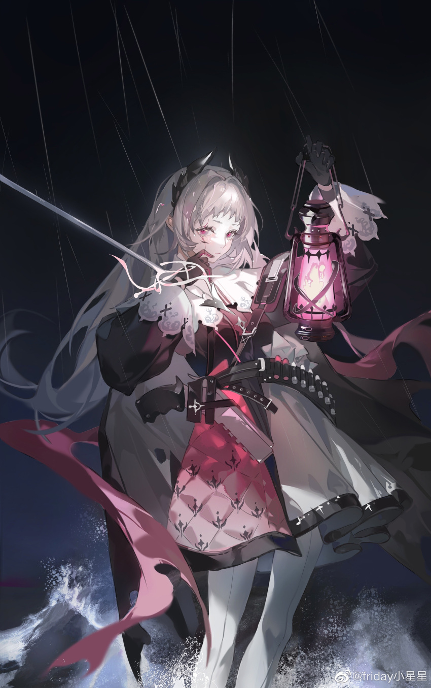 1girl absurdres arknights arm_up black_cape black_gloves black_shirt black_sky cape chinese_commentary closed_mouth commentary_request dark expressionless feet_out_of_frame friday_xiao_xingxing gloves grey_eyes grey_hair gun hair_intakes hand_up handgun highres holding holding_lantern holding_sword holding_weapon holstered irene_(arknights) lantern layered_skirt long_hair long_sleeves looking_at_viewer night night_sky ocean outdoors pantyhose pink_eyes pink_ribbon pink_skirt rain ribbon shirt skirt sky solo standing sword water watermark weapon weibo_logo weibo_watermark white_pantyhose white_skirt