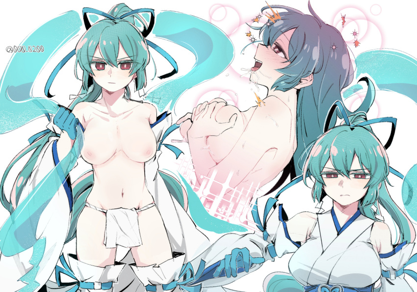 1girl an_sin blue_gloves blue_ribbon breasts closed_mouth commentary_request detached_sleeves frown fundoshi glaring gloves grabbing_own_breast green_hair hagoromo hair_ribbon half-closed_eyes highres japanese_clothes korean_commentary large_breasts loincloth long_hair looking_at_viewer magia_azure magia_azure_(la_verita) mahou_shoujo_ni_akogarete miko minakami_sayo multiple_views navel nipples nontraditional_miko nude open_mouth ponytail red_eyes ribbon ribbon-trimmed_thighhighs ribbon_trim saliva shawl shirt simple_background sleeveless sleeveless_shirt smile solo sparkle standing teeth thighhighs tongue tongue_out topless twitter_username upper_teeth_only very_long_hair white_background white_shirt white_sleeves white_thighhighs