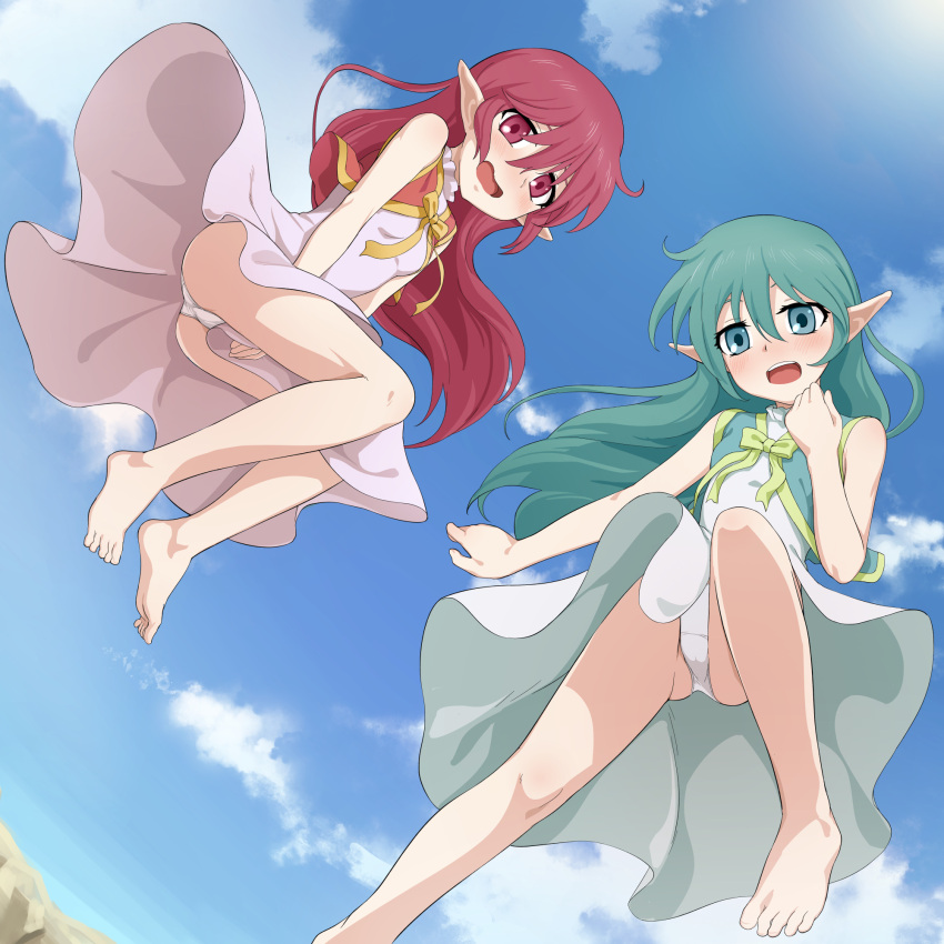 2girls bare_shoulders barefoot blue_sky blush breasts cloud commentary_request commission dress embarrassed flying from_below green_eyes green_hair highres long_hair looking_at_viewer multiple_girls nanina_(nijnan) open_mouth outdoors panties pantyshot pointy_ears red_eyes red_hair skeb_commission sky small_breasts sylph_(tales) tales_of_(series) tales_of_phantasia tales_of_phantasia:_narikiri_dungeon_x toes underwear white_panties