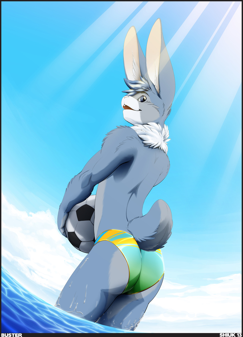 ball beach_ball blue_eyes blue_fur blue_hair buckteeth butt fur hair hi_res lagomorph looking_at_viewer looking_back male mammal open_mouth rabbit sea shiuk short_hair solo speedo standing swimsuit thighs water white_fur