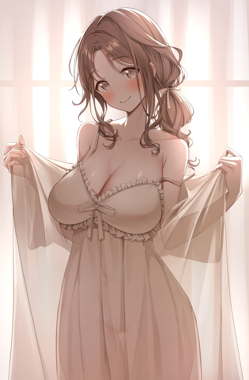 1girl absurdres backlighting blush breasts brown_hair cleavage collarbone commentary_request covered_navel fingernails gawawawa highres ichikawa_hinana idolmaster idolmaster_shiny_colors indoors large_breasts looking_at_viewer panties ponytail robe see-through_chemise sidelocks smile solo strap_slip thigh_gap underwear white_chemise white_panties white_robe