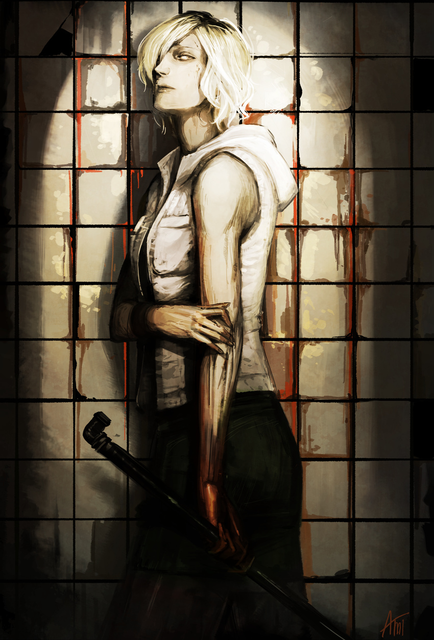 ami_thompson bad_id bad_pixiv_id blood hair_over_one_eye heather_mason highres hood hoodie injury lead_pipe lips no_pupils nose short_hair silent_hill_3 sleeveless sleeveless_hoodie solo tile_wall tiles