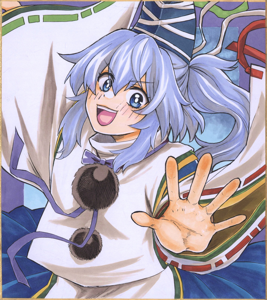 1girl :d absurdres blue_bow blue_eyes blush bow commentary_request detached_sleeves eyes_visible_through_hair grey_hair hair_between_eyes hat highres long_hair long_sleeves looking_at_viewer matsuri_kyuuta medium_bangs mononobe_no_futo open_mouth palms pom_pom_(clothes) ponytail ribbon-trimmed_sleeves ribbon_trim shikishi smile solo tate_eboshi teeth touhou traditional_media upper_body upper_teeth_only v-shaped_eyebrows white_sleeves wide_sleeves