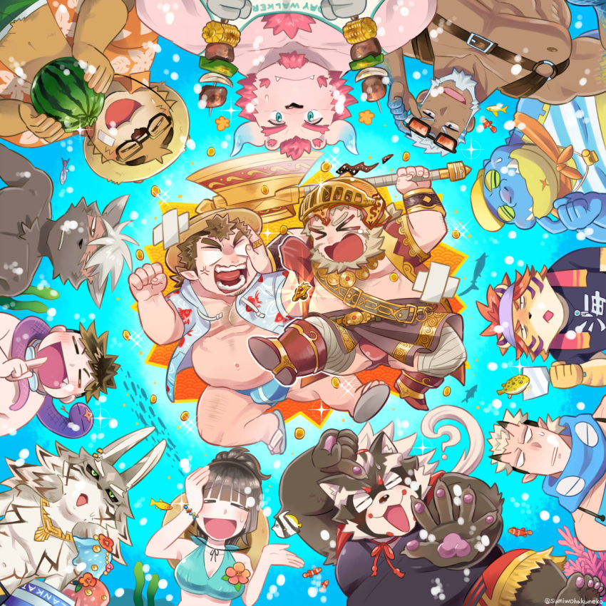 &gt;_&lt; 1girl 6+boys aegir_(housamo) alberich_(housamo) andvari_(housamo) axe bara bare_pectorals beard black_sclera blue_eyes brown_hair chernobog_(housamo) chest_hair colored_sclera dark-skinned_male dark_skin facial_hair fangs fish food fruit furry goemon_(housamo) goggles goggles_around_neck hawaiian_shirt helmet highres holding holding_axe holding_food holding_fruit holding_skewer horns jiraiya_(housamo) kotaro_(housamo) kuji-in makara_(housamo) male_focus melon multiple_boys nomad_(housamo) open_mouth pawpads pectorals protagonist_2_(housamo) puffer_fish scar scar_on_chin scar_on_face seth_(housamo) shirt short_hair skewer snake striped_clothes striped_shirt sumi_wo_hakuneko sunglasses tadatomo_(housamo) tiger_boy tokyo_afterschool_summoners topless_male volos_(housamo) whistle whistle_around_neck white_hair wolf_boy