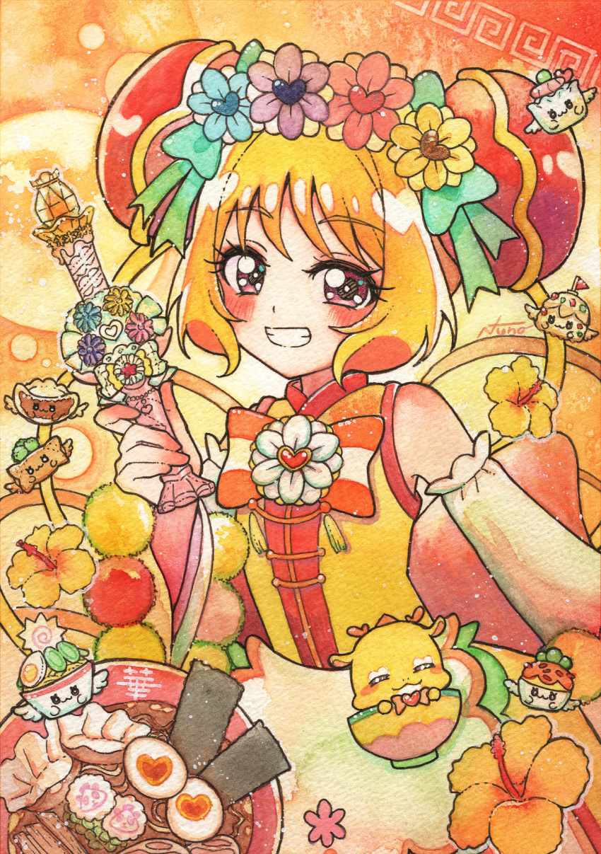 1girl apron blonde_hair blush bun_cover chahan_recipipi commission cure_yum-yum cure_yum-yum_(party_up_style) delicious_party_precure detached_sleeves double_bun drill_hair flower flower_brooch grin gyoza_recipipi hair_bun hair_flower hair_ornament hanamichi_ran hibiscus highres holding holding_wand kanitama_recipipi long_hair looking_at_viewer magical_girl mem-mem_(precure) orange_background orange_theme painting_(medium) precure ramen_recipipi recipipi red_eyes shrimp_dumpling_recipipi signature smile spring_roll_recipipi tassel traditional_media twin_drills wand watercolor_(medium) white_apron white_sleeves yukinuno