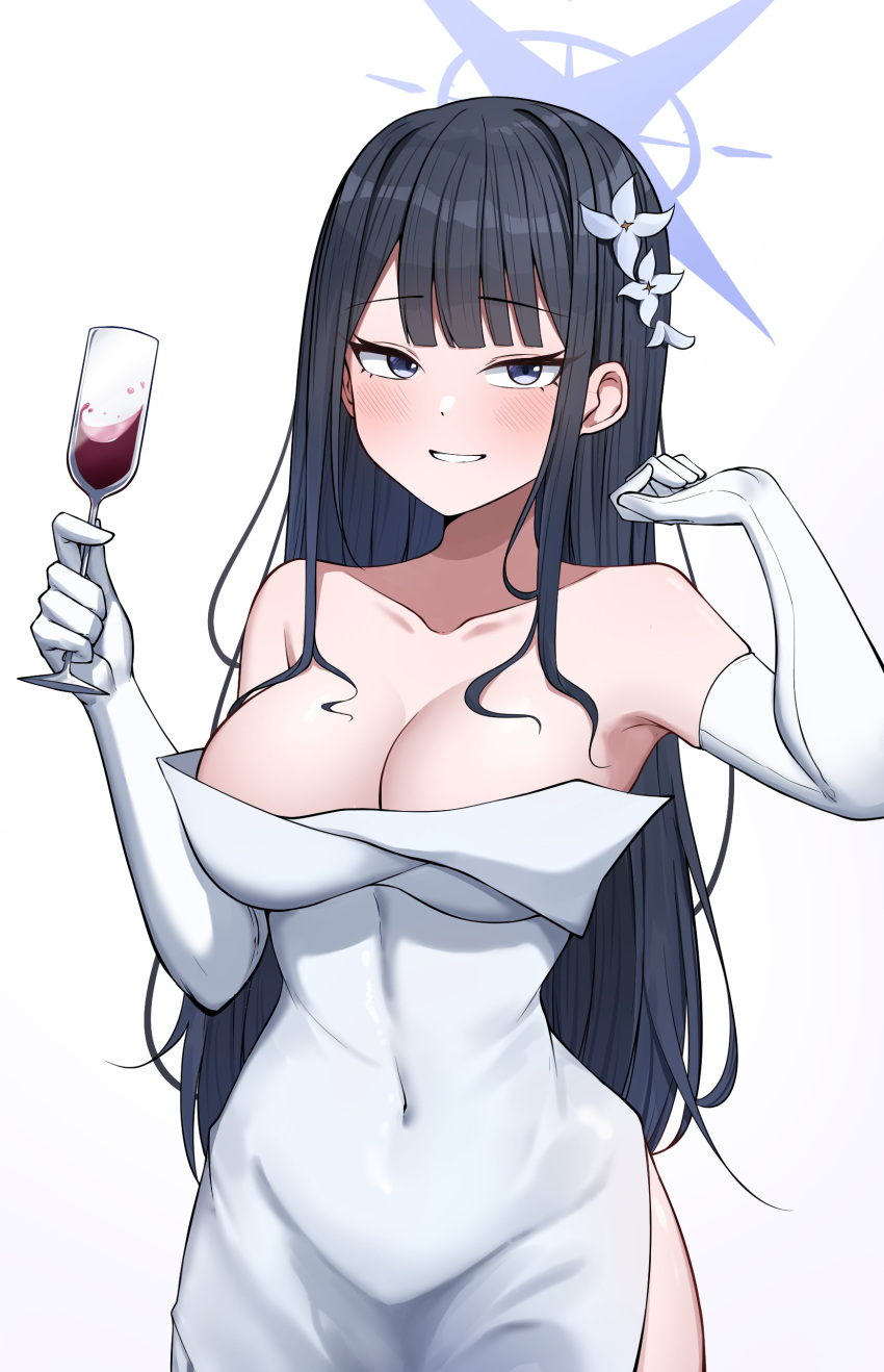 1girl :d absurdres alcohol armpits bare_shoulders black_hair blue_archive blunt_bangs breasts cleavage collarbone commentary cup dress drinking_glass elbow_gloves evening_gown gekhuay gloves hair_ornament halo highres holding holding_cup large_breasts long_hair looking_at_viewer official_alternate_costume parted_bangs parted_lips saori_(blue_archive) saori_(dress)_(blue_archive) side_slit sidelocks simple_background smile solo strapless strapless_dress white_background white_dress white_gloves wine wine_glass