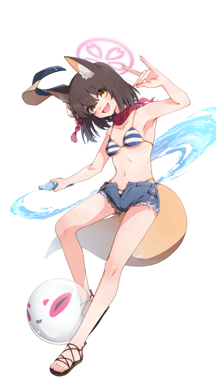 1girl absurdres animal_ears arm_up armpits bikini black_hair blue_archive blue_bikini blue_shorts bottle breasts commentary denim denim_shorts fang fox_ears fox_girl fox_shadow_puppet fox_tail full_body halo head_tilt highres holding holding_bottle if_f izuna_(blue_archive) izuna_(swimsuit)_(blue_archive) looking_at_viewer medium_hair official_alternate_costume open_mouth pink_halo red_scarf sandals scarf short_shorts shorts simple_background skin_fang small_breasts smile solo swimsuit tail water white_background