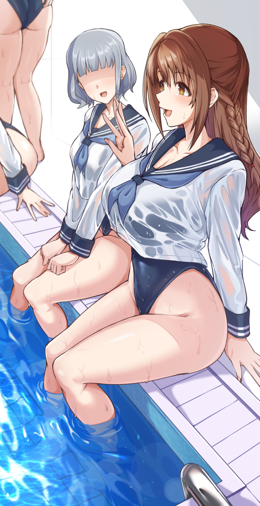 4girls ass blue_neckerchief blue_one-piece_swimsuit blush braid brown_hair faceless faceless_female groin highleg highleg_swimsuit highres idolmaster idolmaster_cinderella_girls long_braid long_sleeves looking_ahead multiple_girls neckerchief one-piece_swimsuit pool poolside refraction school_uniform serafuku shimamura_uzuki shirt smile soaking_feet solo_focus swimsuit twogie wading_pool wet wet_clothes wet_shirt