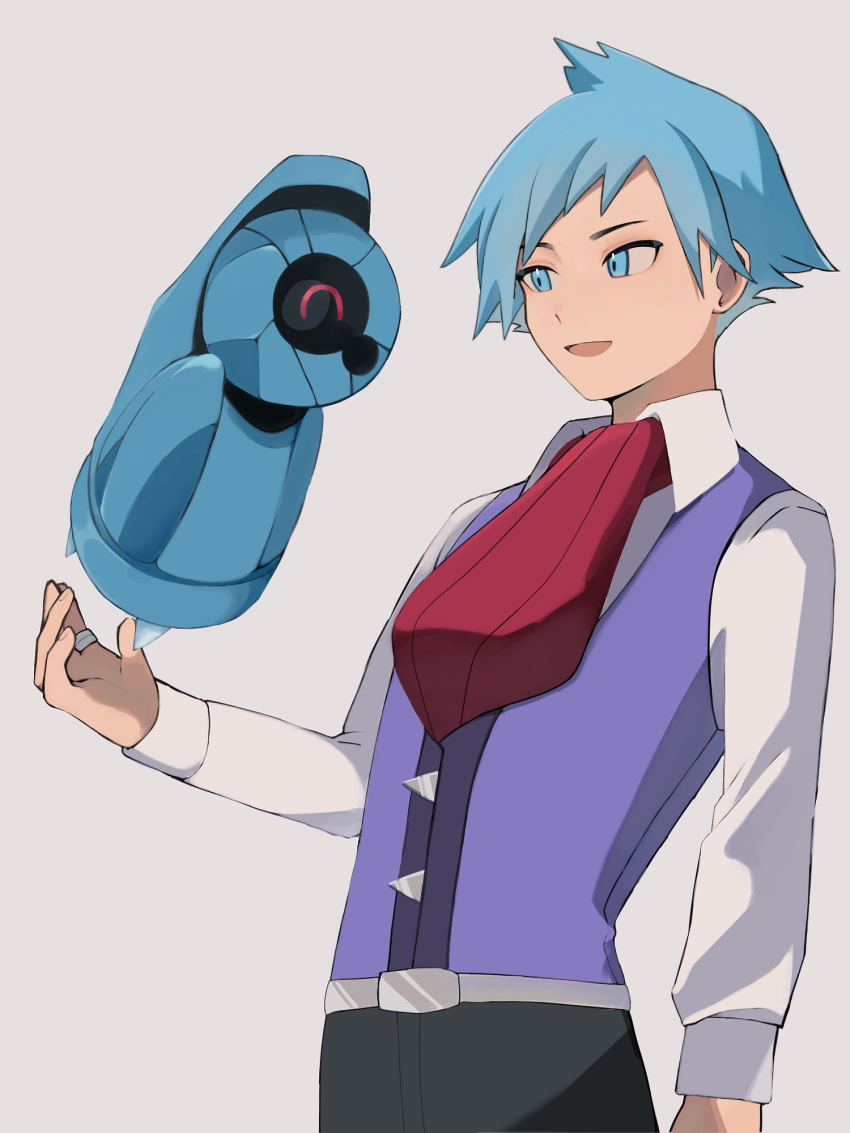 1boy :d aqua_eyes aqua_hair beldum black_pants collared_shirt commentary grey_background happy highres jewelry long_sleeves male_focus necktie open_mouth pants pokemon pokemon_(creature) pokemon_oras purple_vest red_necktie ring shirt short_hair smile steven_stone tonami_(svvj8832) vest white_shirt