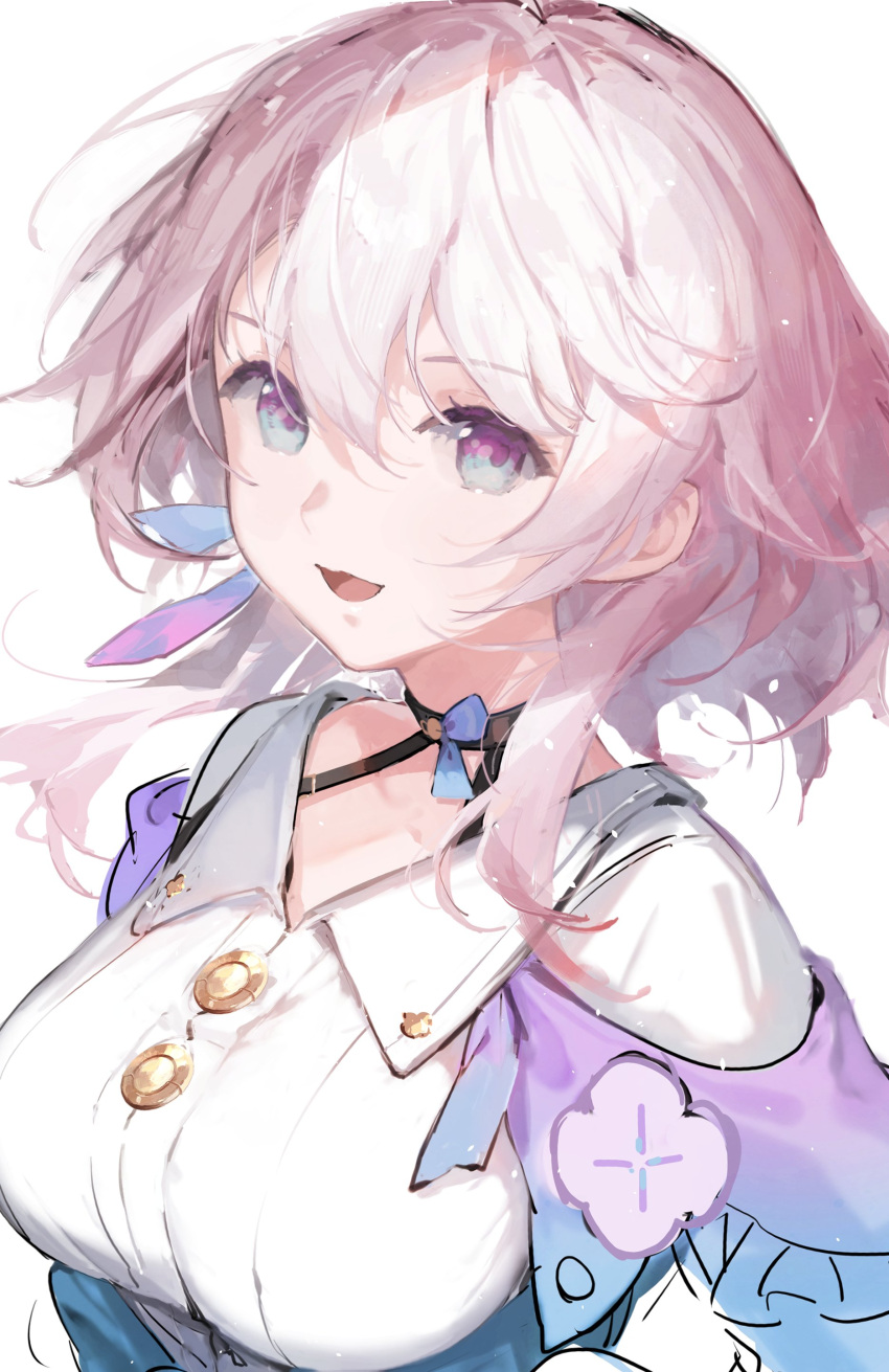 1girl absurdres breasts buttons collared_shirt commentary hair_between_eyes highres honkai:_star_rail honkai_(series) jacket large_breasts looking_at_viewer march_7th_(honkai:_star_rail) nag_nag_naji open_mouth pink_eyes pink_hair purple_jacket shirt short_hair simple_background sketch smile solo symbol-only_commentary underbust upper_body white_background white_shirt