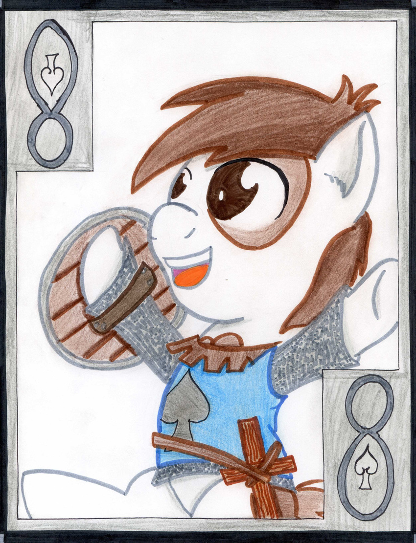 card cardstock equine friendship_is_magic hair horse mammal my_little_pony pipsqueak_(mlp) playing_card pony shield smile spades the1king weapon wooden_sword