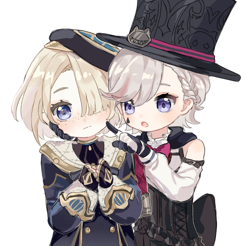2boys :o black_gloves black_hat black_jacket blonde_hair blue_eyes blunt_bangs bow bowtie braid buttons cheek_poking clothing_cutout double-breasted freckles freminet_(genshin_impact) genshin_impact gloves hair_over_one_eye hand_on_another's_cheek hand_on_another's_face hat highres huokui jacket long_sleeves looking_at_viewer lyney_(genshin_impact) male_focus multiple_boys one_eye_covered open_mouth own_hands_together pink_bow pink_bowtie poking purple_eyes shirt short_hair shoulder_cutout side-by-side simple_background single_braid swept_bangs teardrop_facial_mark top_hat upper_body white_background white_shirt wide-eyed