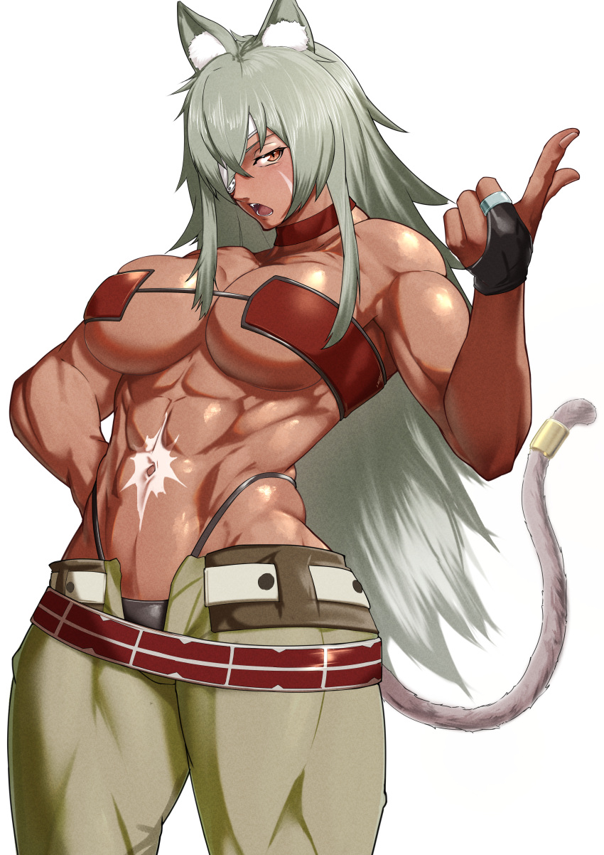 1girl abs absurdres animal_ear_fluff animal_ears bandeau bare_shoulders belt black_panties breasts bridal_gauntlets cat_ears cat_girl cat_tail choker cleavage collarbone commentary_request cowboy_shot dark-skinned_female dark_skin eyepatch fang ghislaine_dedoldia green_pants grey_hair hair_between_eyes hand_on_own_hip highleg highleg_panties highres index_finger_raised kureshi_(hannzi) large_breasts long_hair looking_at_viewer muscular muscular_female mushoku_tensei navel obliques open_belt open_mouth open_pants panties pants partial_commentary red_bandeau red_choker red_eyes scar scar_on_cheek scar_on_face scar_on_stomach sidelocks simple_background solo standing stomach tail tail_ornament tail_ring teeth underwear white_background