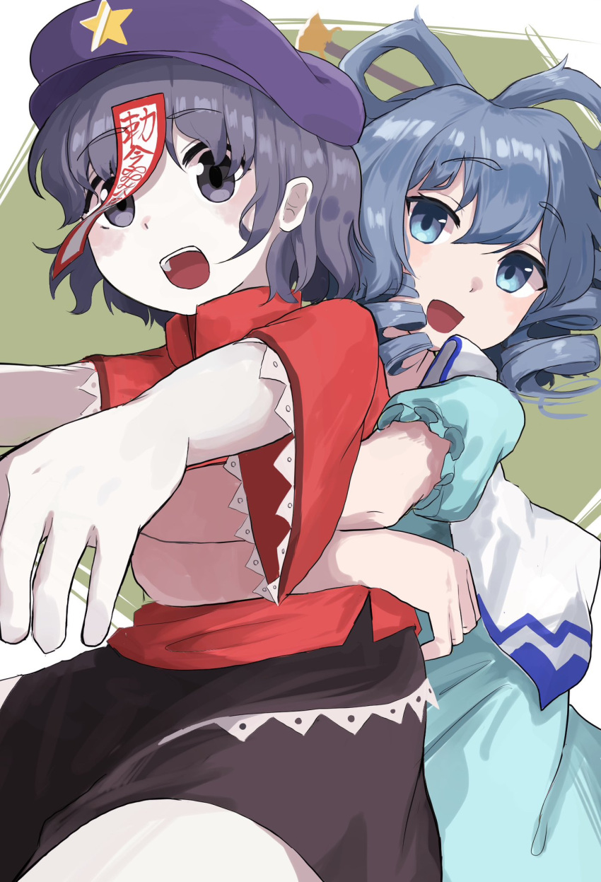 2girls :d black_eyes black_hair black_skirt blue_dress blue_eyes blue_hair cabbie_hat collared_vest commentary_request cowboy_shot dress drill_hair drill_sidelocks green_background hair_between_eyes hair_ornament hair_rings hair_stick hat hat_ornament highres hug hug_from_behind jiangshi kaku_seiga kurikuriman lace-trimmed_sleeves lace_trim looking_at_viewer medium_bangs miyako_yoshika multiple_girls ofuda open_clothes open_mouth open_vest outstretched_arms red_shirt shirt short_hair short_sleeves sidelocks skirt smile star_(symbol) star_hat_ornament teeth touhou upper_teeth_only vest white_vest wide_sleeves zombie_pose