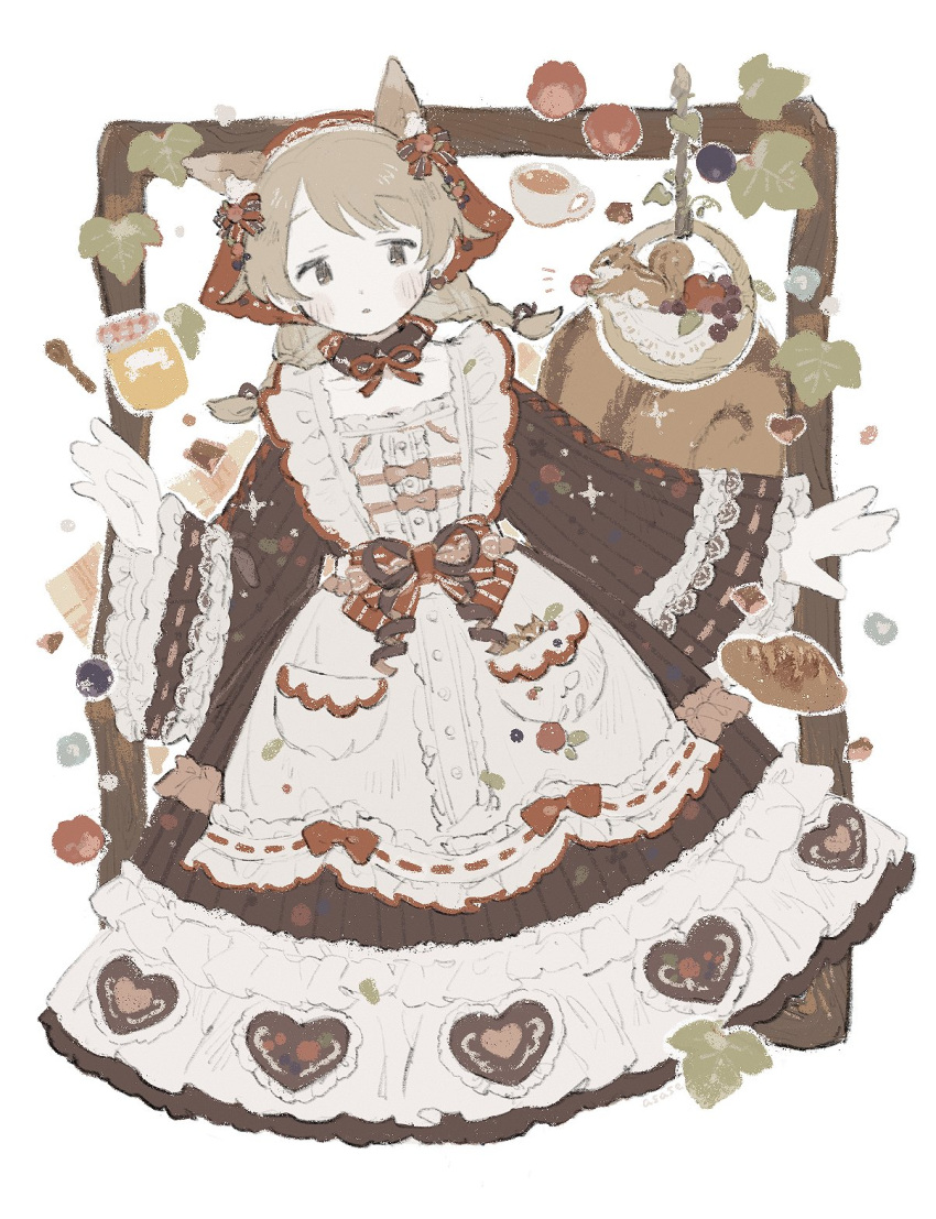 1girl animal_ears apron asase_(asariya) blush braid brown_dress brown_eyes brown_hair chipmunk chipmunk_tail commentary cup dress frilled_dress frills fruit_basket hairband hand_up highres honey idolmaster idolmaster_cinderella_girls inset_border kemonomimi_mode leaf long_dress long_sleeves looking_at_animal looking_to_the_side low_twin_braids mason_jar morikubo_nono outside_border red_hairband simple_background solo squirrel symbol-only_commentary teacup twin_braids white_apron white_background wide_sleeves