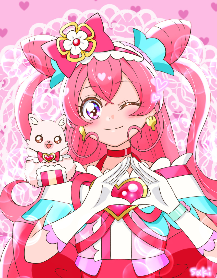 1girl absurdres back_bow blush bow brooch choker closed_mouth cone_hair_bun cure_precious delicious_party_precure double_bun earrings flower fox frilled_hairband frills gloves hair_bow hair_bun hair_flower hair_ornament hairband heart heart_background heart_brooch highres jewelry kome-kome_(precure) large_bow long_hair looking_at_viewer magical_girl nagomi_yui one_eye_closed pink_background pink_bow pink_hair pink_hairband pink_theme precure purple_eyes red_choker saki_(pixiv90771732) smile straight-on two_side_up upper_body white_gloves