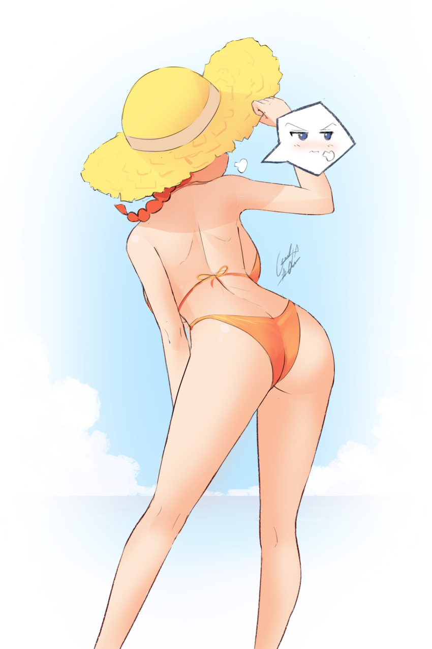 1girl absurdres annoyed ass back bikini braid braided_ponytail breasts cloud cloudy_sky geraldjess1 hat highres ocean orange_bikini ranma-chan ranma_1/2 red_hair sky solo sun_hat swimsuit water