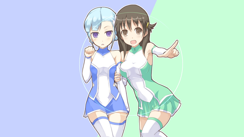 2girls arm_grab armpits artist_request bare_shoulders blue_hair blush bodysuit breasts brown_eyes brown_hair circle detached_sleeves female fin_e_ld_si_laffinty fingernails flower hair_flower hair_ornament highres kyouno_madoka long_hair looking_at_viewer maru_(lagrange) multiple_girls open_mouth paw_pose purple_eyes rinne_no_lagrange short_hair simple_background skirt smile standing thigh_gap thighhighs two-tone_background wallpaper white_legwear zettai_ryouiki