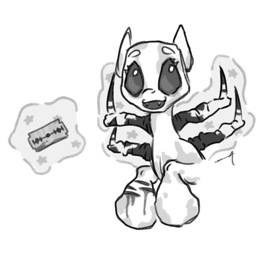 1:1 4_horns blood blood_on_leg bodily_fluids equid equine fan_character fangs female gore hasbro hi_res horn horse magic mammal monochrome multi_horn my_little_pony pony razor self-harm simple_background skinny smile solo spots teeth tools tuskonline white_background wounded