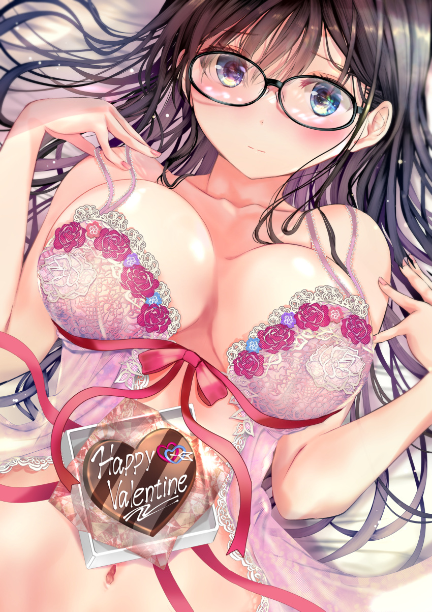 1girl absurdres adjusting_clothes babydoll bed_sheet black-framed_eyewear black_eyes black_hair blush breasts chocolate closed_mouth commentary_request english_commentary from_above glasses happy_valentine highres lace-trimmed_babydoll lace_trim large_breasts light_smile long_hair looking_at_viewer lying navel ogata_tei on_back on_bed original partial_commentary pink_babydoll red_ribbon ribbon solo underwear valentine