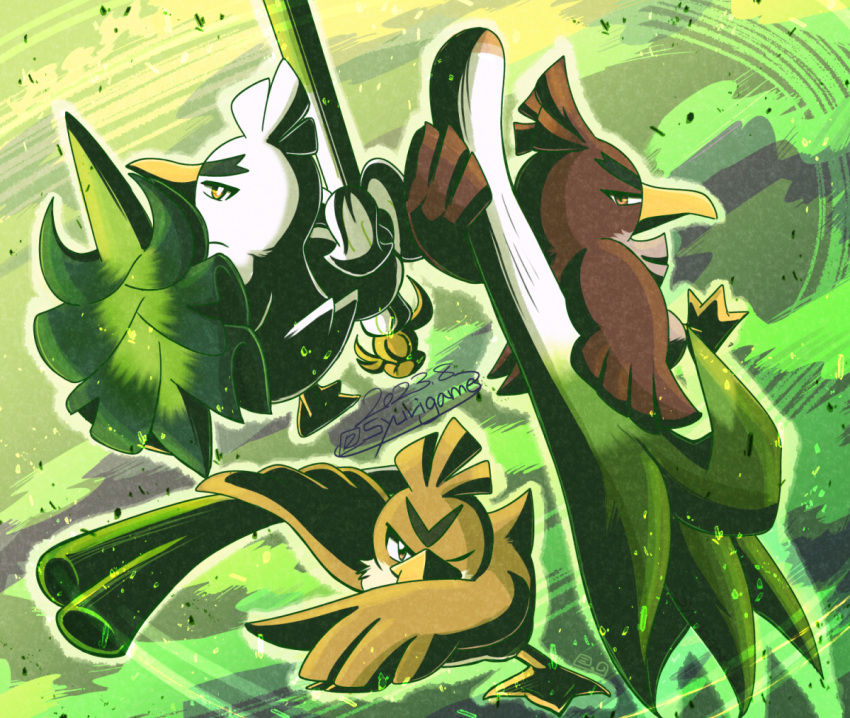 animal_focus bird bright_pupils brown_eyes closed_mouth dated duck farfetch'd fighting_stance food full_body galarian_farfetch'd green_background holding holding_food holding_vegetable looking_back no_humans one_eye_closed outline pokemon pokemon_(creature) shuri_(syurigame) signature sirfetch'd spring_onion thick_eyebrows v-shaped_eyebrows vegetable white_outline white_pupils