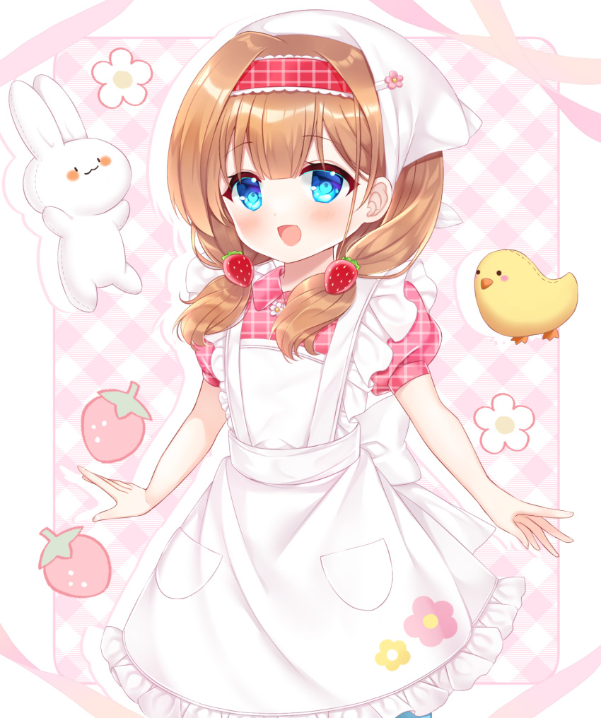 1girl :d apron blue_pantyhose brown_hair collared_shirt commission flower food frilled_apron frills fruit hair_over_shoulder hairband head_scarf highres long_hair low_twintails original pantyhose pink_shirt plaid plaid_background plaid_shirt puffy_short_sleeves puffy_sleeves red_hairband shikito_(yawa0w0) shirt short_sleeves skeb_commission smile solo strawberry stuffed_animal stuffed_bird stuffed_rabbit stuffed_toy twintails white_apron white_flower