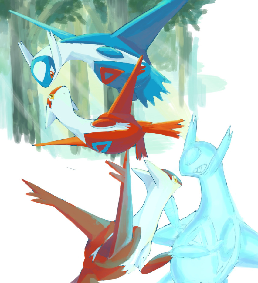 blue_wings blurry blurry_background dragon forest ghost highres keruasu0629 latias latios midair nature no_humans pokemon pokemon_(creature) red_eyes red_wings tree wings yellow_eyes