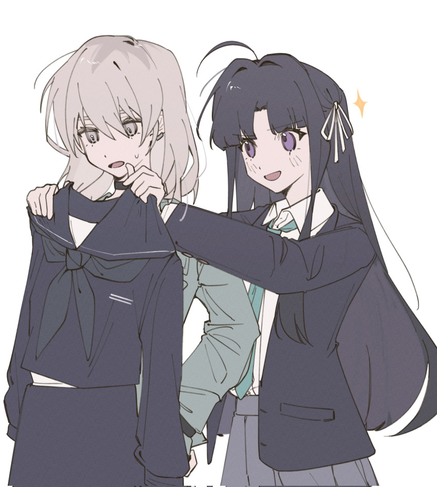 2girls ahoge awa_subaru black_choker black_hair black_jacket black_neckerchief black_sailor_collar black_serafuku blue_jacket blue_necktie blush chipslycoris choker collared_shirt commentary corrupted_twitter_file dress_shirt earclip girls_band_cry grey_hair grey_skirt hair_between_eyes hair_intakes hair_ribbon highres holding holding_clothes jacket kawaragi_momoka long_hair long_sleeves medium_hair multiple_girls neckerchief necktie open_mouth parted_bangs pleated_skirt purple_eyes ribbon sailor_collar school_uniform serafuku shirt shirt_tucked_in sidelocks simple_background skirt sparkle sweatdrop unworn_shirt white_background white_ribbon white_shirt