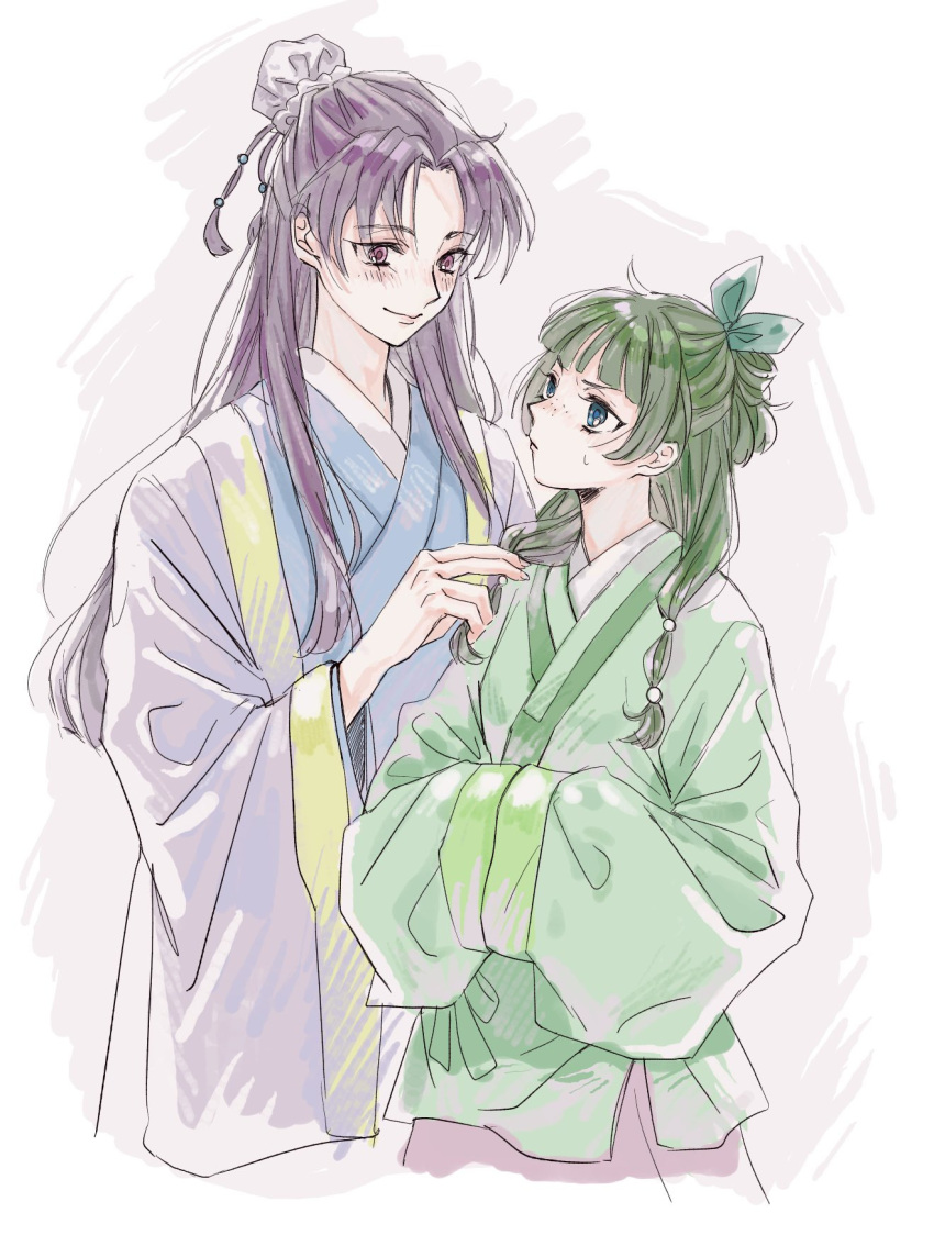 1boy 1girl androgynous blush chinese_clothes green_eyes green_hair hands_in_opposite_sleeves hanfu highres jinshi_(kusuriya_no_hitorigoto) kusuriya_no_hitorigoto long_hair looking_at_another maomao_(kusuriya_no_hitorigoto) matsuko_(mrimri3) purple_eyes purple_hair smile upper_body