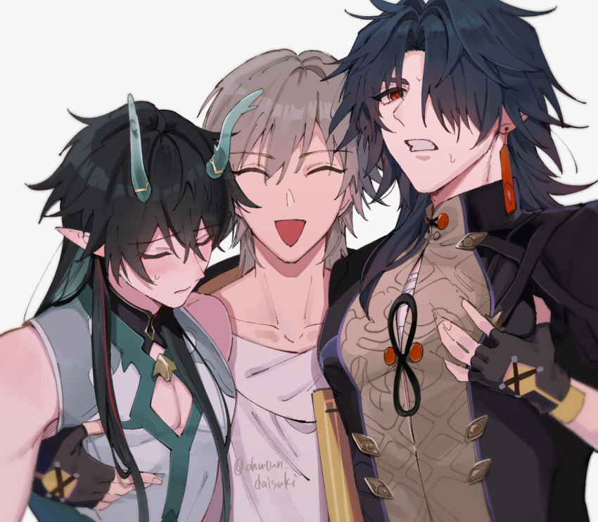 3boys aqua_hair artist_name bandages bare_shoulders black_coat black_gloves black_hair black_ribbon blade_(honkai:_star_rail) blue_hair blush buttons caelus_(honkai:_star_rail) closed_eyes closed_mouth coat collarbone colored_inner_hair commentary_request dan_heng_(honkai:_star_rail) dan_heng_(imbibitor_lunae)_(honkai:_star_rail) dark_blue_hair dragon_boy dragon_horns earrings eyeshadow fingerless_gloves fingernails gloves grey_hair hair_between_eyes hair_over_one_eye hands_up honkai:_star_rail honkai_(series) hood hooded_coat horns jewelry long_hair long_sleeves looking_at_viewer makeup male_focus mandarin_collar multicolored_hair multiple_boys ohutun_daisuki open_clothes open_coat open_mouth pectorals pointy_ears red_eyes red_eyeshadow red_hair ribbon sarashi shirt simple_background single_earring sleeveless sleeveless_shirt smile sweat sweatdrop t-shirt teeth trailblazer_(honkai:_star_rail) two-sided_coat two-sided_fabric v-shaped_eyebrows white_background white_shirt yaoi yellow_coat