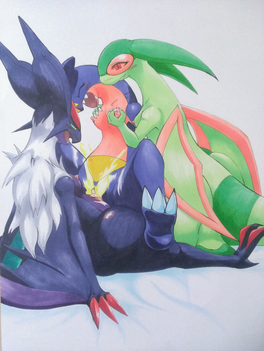 &#12500;&#12459;&#12376;&#12435; blush breast_grab breasts clitoris dragon drooling eyes_closed female flygon garchomp grope group group_sex lesbian nintendo nipples noivern open_mouth plain_background pok&#233;mon pok&eacute;mon pussy saliva sex threesome tongue tribadism video_games wyvern
