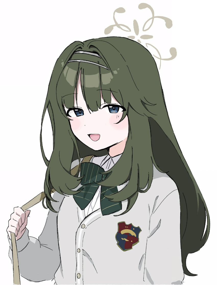 1girl :d bag blue_archive blue_eyes blush_stickers bow bowtie collared_shirt commentary_request green_bow green_bowtie green_hair hairband halo highres long_hair school_uniform shirt shoulder_bag smile solo striped_bow striped_bowtie striped_clothes tsumugi_(blue_archive) white_shirt yako2189