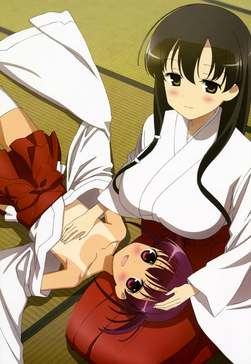 absurdres black_hair blush flat_chest hand_on_another's_chest highres iwato_kasumi japanese_clothes lap_pillow lying miko multiple_girls non-web_source nyantype official_art on_back one-piece_tan open_mouth red_eyes red_hair sakai_takahiro saki scan short_twintails smile tan tanline thighhighs twintails usuzumi_hatsumi white_legwear yellow_eyes zettai_ryouiki