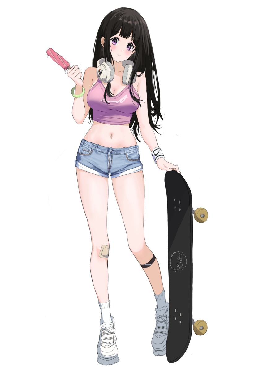 absurdres awesome_crane black_hair breasts chitanda_eru food gyaru headphones headphones_around_neck highres holding holding_food holding_popsicle hyouka large_breasts long_hair midriff navel patch pink_shirt popsicle purple_eyes shirt short_shorts shorts skateboard