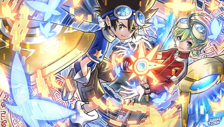 2boys agumon ahoge akamine_naoki blue_eyes blue_headband blue_shirt brown_eyes brown_hair brown_shorts bug butterfly digimon digimon_adventure digimon_adventure_v-tamer_01 digimon_universe:_appli_monsters dogatchmon energy_wings gatchmon globemon gloves glowing_butterfly goggles goggles_on_head green_hair hand_in_pocket headband highres jacket looking_at_viewer male_focus mechanical_wings medium_hair multiple_boys red_jacket reflection shinkai_haru shirt short_hair shorts spiked_hair star_(symbol) v-dramon wargreymon watch white_gloves wings wristwatch yagami_taichi