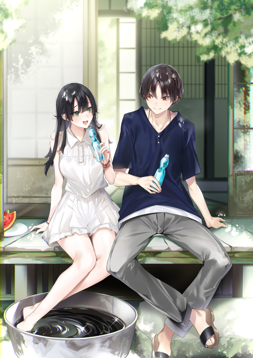 1boy 1girl absurdres architecture bare_legs bare_shoulders black_hair blue_shirt bottle breasts brown_eyes closed_mouth commentary_request cover cover_image cover_page day east_asian_architecture food fruit green_eyes highres hitotsuba_kaede holding holding_bottle kakao_(chocolate_land) long_hair looking_at_another medium_breasts novel_cover novel_illustration official_art open_door open_mouth ramune ryoushin_no_shakkin second-party_source shirt short_sleeves sidelocks sitting sliding_doors smile soaking_feet summer t-shirt teeth textless_version upper_teeth_only veranda watch water_bottle watermelon wing_collar wooden_floor wristwatch yoshizumi_yuya