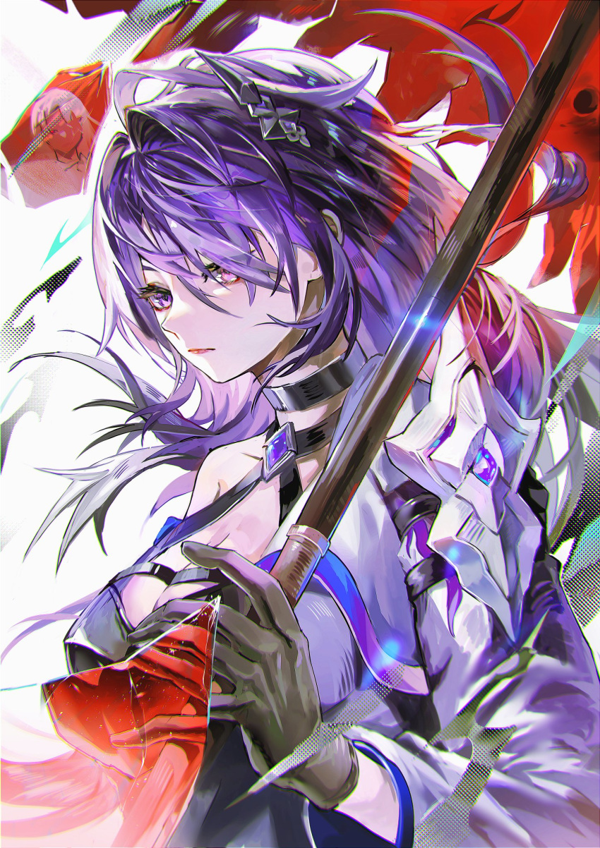1girl acheron_(honkai:_star_rail) armor black_choker black_gloves breasts broken_glass choker chromatic_aberration cleavage closed_mouth coat criss-cross_halter different_reflection eyes_visible_through_hair glass gloves hair_ornament hair_over_one_eye halterneck highres honkai:_star_rail honkai_(series) large_breasts long_sleeves looking_ahead nimiru_namire oil-paper_umbrella purple_eyes purple_hair red_lips reflection shoulder_armor single_bare_shoulder solo umbrella white_background white_coat