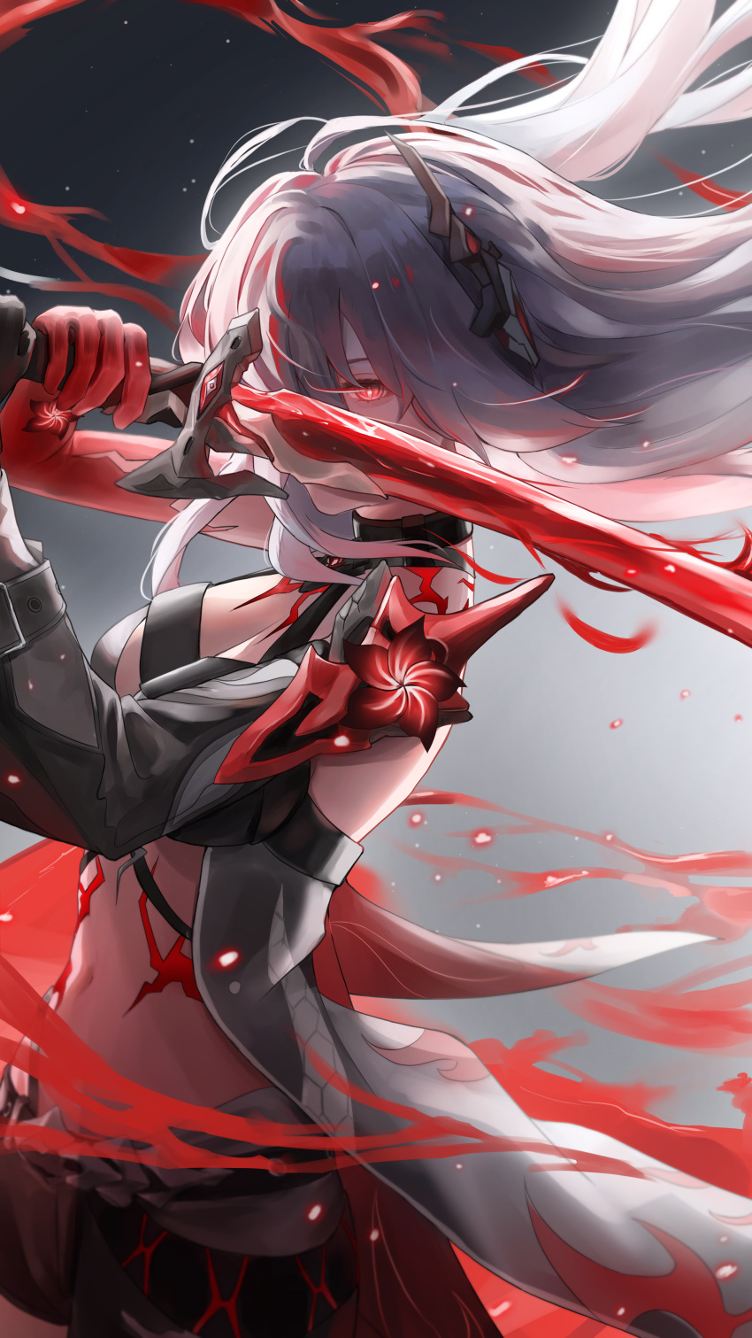 1girl absurdres acheron_(honkai:_star_rail) black_choker black_coat black_gloves black_shorts body_markings breasts choker cleavage coat coattails detached_sleeves flower gloves glowing glowing_eye habi hair_over_one_eye highres holding holding_sword holding_weapon honkai:_star_rail honkai_(series) long_hair midriff navel official_alternate_color official_alternate_hair_color red_eyes red_flower short_shorts shorts single_bare_shoulder solo sparks stomach sword weapon white_hair