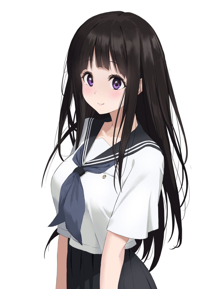 absurdres awesome_crane black_hair blush breasts chitanda_eru highres hyouka large_breasts long_hair looking_at_viewer purple_eyes school_uniform smile white_background