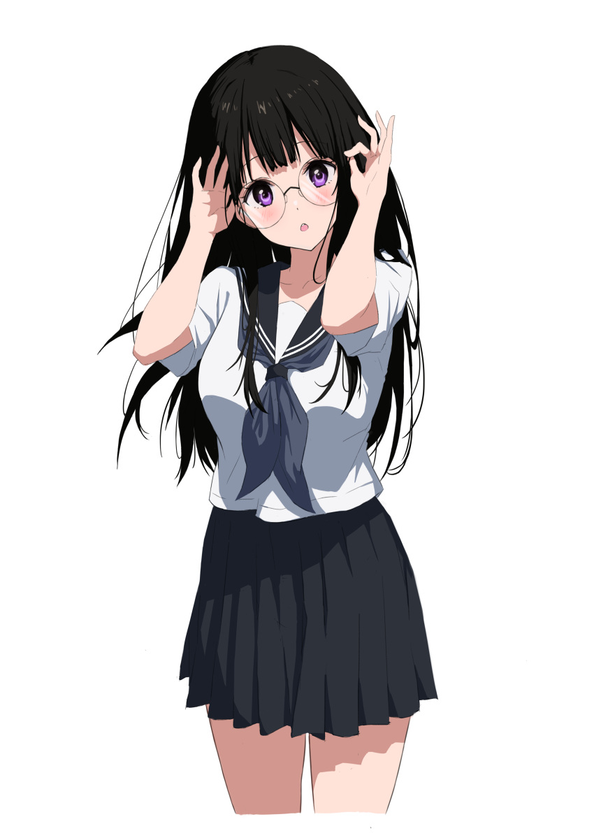 absurdres awesome_crane black_hair breasts chitanda_eru glasses highres hyouka large_breasts long_hair looking_at_viewer purple_eyes rimless_eyewear round_eyewear school_uniform