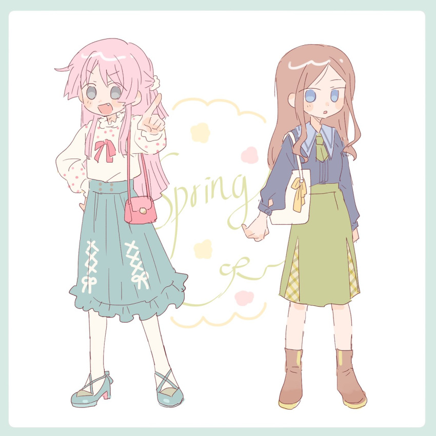 2girls artist_request bag bang_dream! bang_dream!_it's_mygo!!!!! blue_eyes blue_footwear blue_shirt blue_skirt blush border brown_footwear brown_hair chihaya_anon commentary commission fang full_body green_border green_necktie green_skirt grey_eyes hand_on_own_hip highres long_hair long_sleeves multiple_girls nagasaki_soyo necktie open_mouth pink_hair pointing pointing_at_viewer red_bag second-party_source shirt shoulder_bag sidelocks skirt white_background white_bag white_shirt