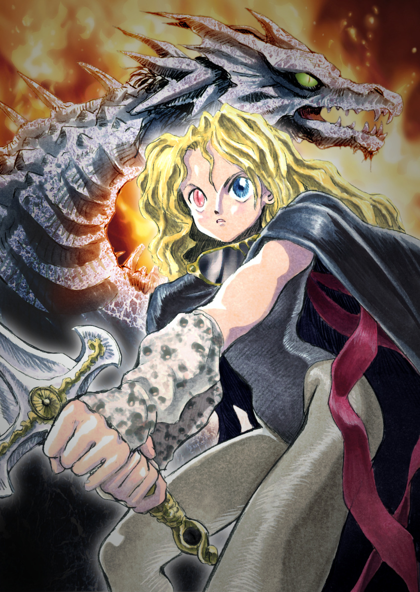 1girl akai_takami arm_warmers black_cape black_leotard blonde_hair blue_eyes cape character_request check_copyright commentary_request copyright_request dragon dragon_goroshi embers fire grey_arm_warmers grey_pantyhose groin heterochromia highleg highleg_leotard highres holding holding_sword holding_weapon leotard long_hair outstretched_arms pantyhose parted_lips pink_ribbon red_eyes ribbon solo sword wavy_hair weapon western_dragon