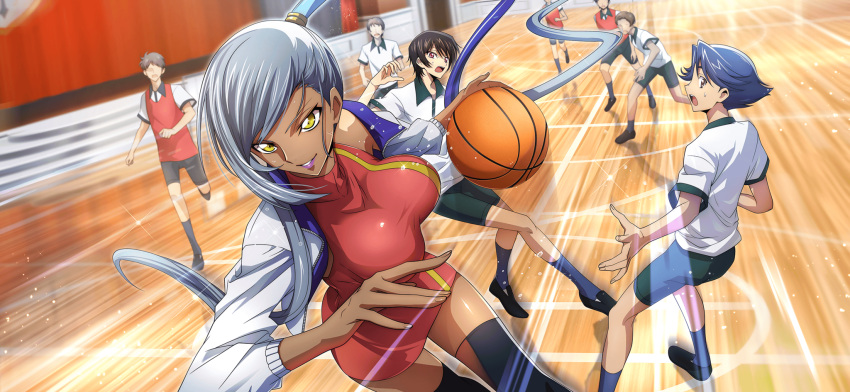 1girl 6+boys arm_up artist_request asymmetrical_hair ball basketball basketball_(object) basketball_court black_footwear black_hair black_thighhighs blue_hair blue_socks breasts brown_eyes code_geass code_geass:_lost_stories dark-skinned_female dark_skin dress dutch_angle faceless faceless_male game_cg green_shorts grey_hair grin hand_up happy high_ponytail highres holding holding_ball indoors jacket large_breasts lelouch_vi_britannia lipstick long_hair long_sleeves looking_at_another makeup multiple_boys non-web_source official_art open_clothes open_jacket people playing_sports purple_eyes purple_lips red_dress rivalz_cardemonde running shiny_skin shirt shoes short_dress short_hair short_sleeves shorts sleeveless sleeveless_dress smile socks solo_focus sparkle sweat teeth thighhighs thighs very_long_hair villetta_nu white_jacket white_shirt yellow_eyes zettai_ryouiki