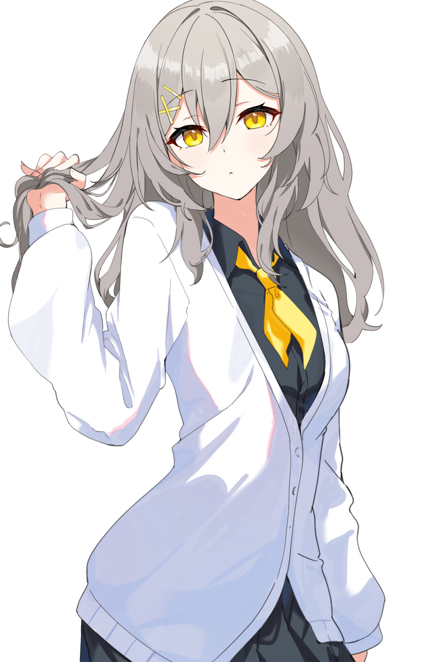 1girl alternate_costume comorebi grey_hair highres honkai:_star_rail honkai_(series) long_hair looking_at_viewer simple_background solo stelle_(honkai:_star_rail) trailblazer_(honkai:_star_rail) white_background yellow_eyes