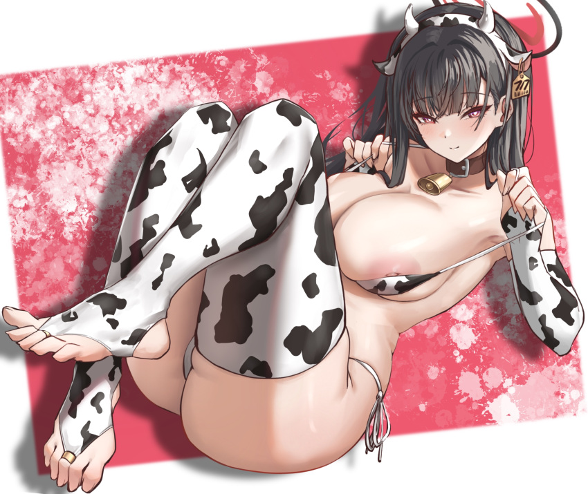 1girl alternate_costume animal_ears animal_print bare_shoulders bell bikini bikini_pull black_hair blue_archive blush breasts choker clothes_pull collar cow_ears cow_girl cow_horns cow_print cow_print_bikini cowbell duchessofarmeria ear_tag elbow_gloves fake_animal_ears fake_horns feet gloves hair_ornament halo highres horns large_breasts long_hair looking_at_viewer lying micro_bikini neck_bell nipple_slip nipples on_back print_bikini red_eyes rio_(blue_archive) smile solo swimsuit thick_thighs thighhighs thighs toeless_legwear toes