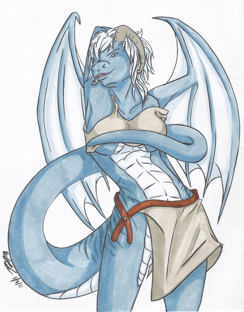 blue_eyes blue_skin clothed clothing dragon female hair horn invalid_color invalid_tag koshkio looking_at_viewer scales scalie short_hair solo standing stripes sylvir the_clan tribal wings