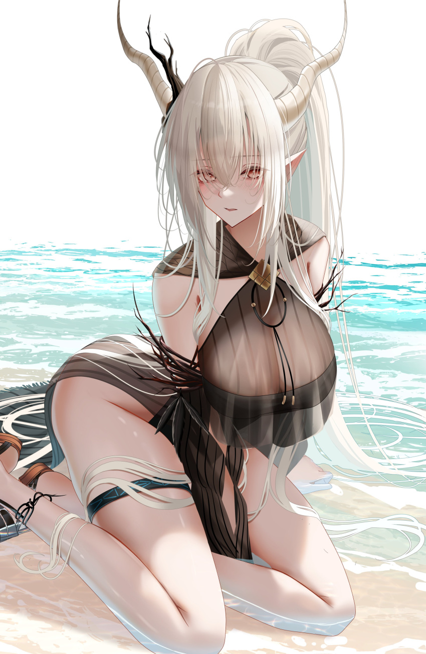 1girl absurdly_long_hair absurdres arknights bare_shoulders black_one-piece_swimsuit breasts brown_eyes commentary_request demon_horns hair_branch highres horns infection_monitor_(arknights) large_breasts long_bangs long_hair looking_at_viewer official_alternate_costume one-piece_swimsuit open_mouth outdoors pointy_ears shallow_water shining_(arknights) shining_(silent_night)_(arknights) sitting solo sonna_watashi swimsuit swimsuit_cover-up thigh_strap thighs very_long_hair water yokozuwari