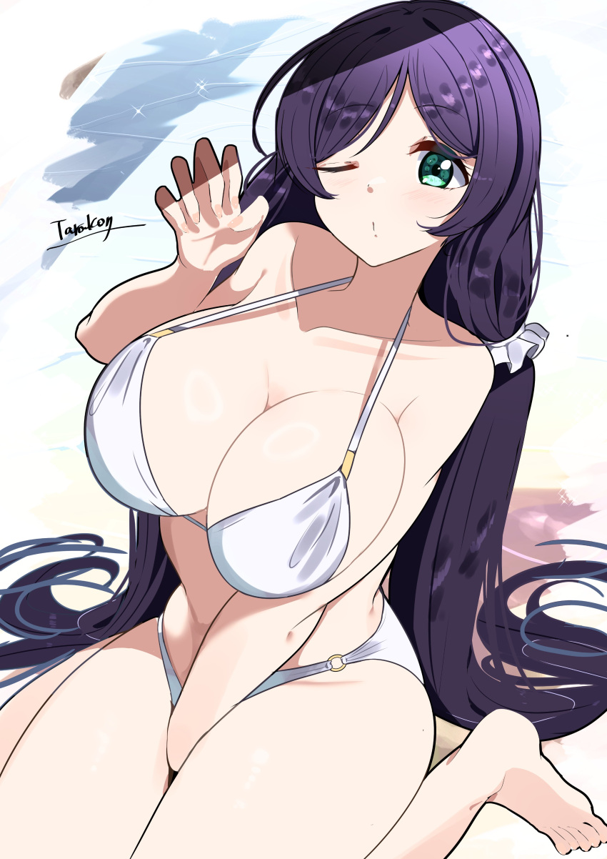 1girl absurdres aqua_eyes artist_name bikini blush breasts cleavage commentary feet groin hair_ornament hair_scrunchie hand_up highres large_breasts long_hair looking_at_viewer love_live! love_live!_school_idol_project low_twintails one_eye_closed purple_hair scrunchie signature sitting swimsuit tarakon thighs tojo_nozomi twintails very_long_hair wariza white_bikini