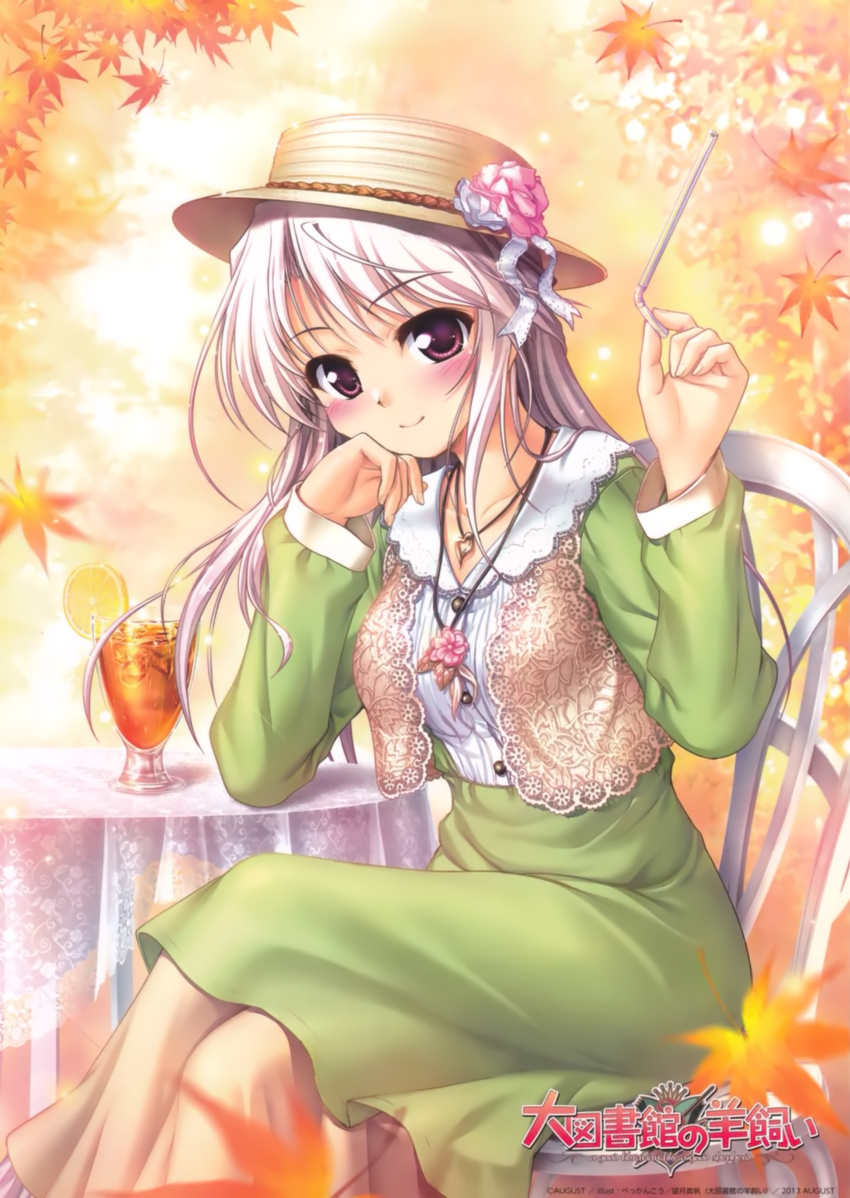 bekkankou blazer blush chair crossed_legs daitoshokan_no_hitsujikai dress drinking_straw green_dress grey_hair hat highres iced_tea jacket jewelry leaf long_hair long_sleeves maple_leaf mochizuki_maho_(daitoshokan_no_hitsujikai) necklace purple_eyes sitting smile table